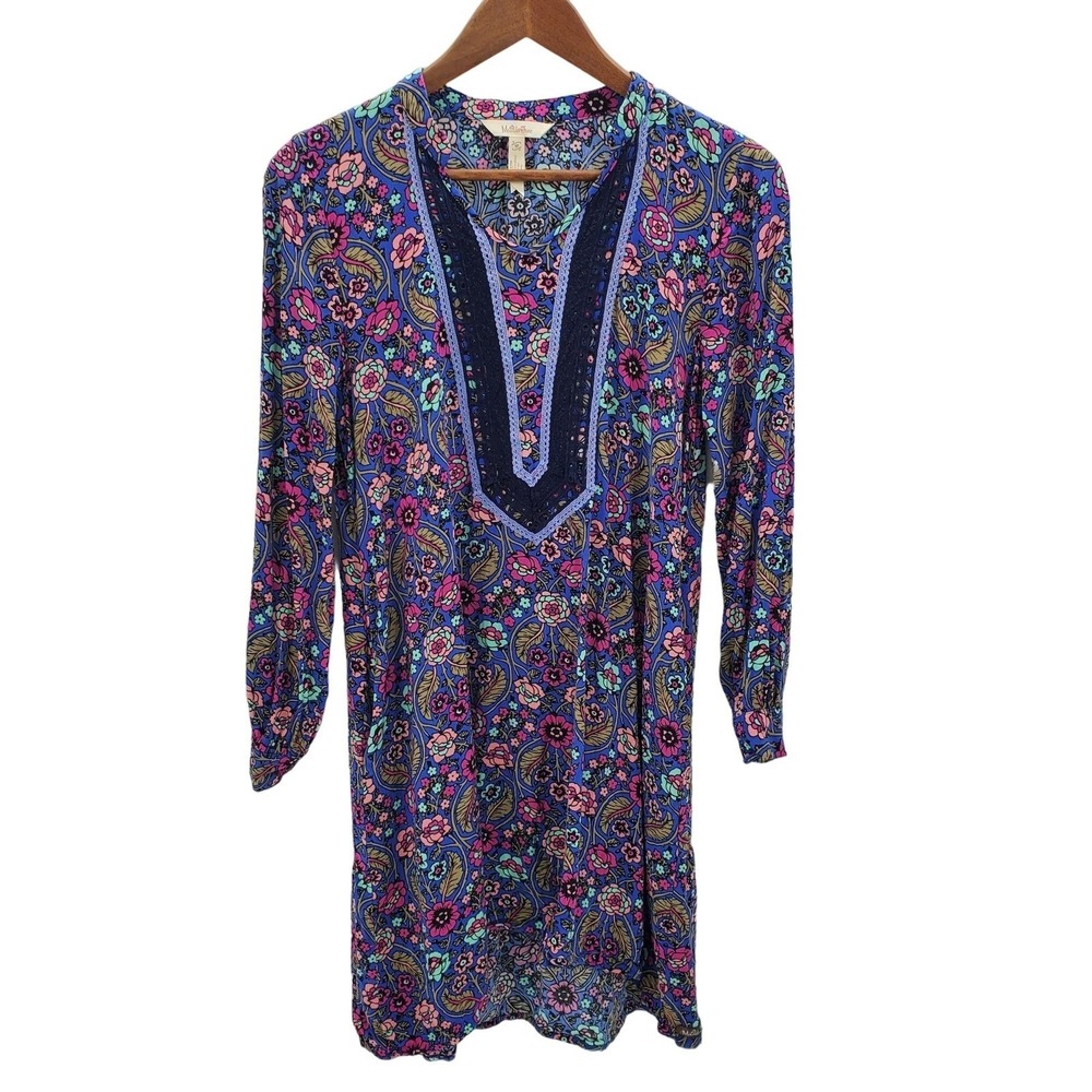 Matilda Jane Boho Floral Tunic Dress Blue Pink Floral Crochet Trim Womens Size M